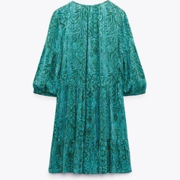Zara Womens Mini Dress L Green Metallic Thread Dotted Mesh Tiered 2587/055 NWOT - Picture 3 of 9